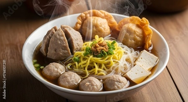 Fototapeta Close-up of Steaming Hot Indonesian Bakso with Noodles, Tofu, and Pangsit