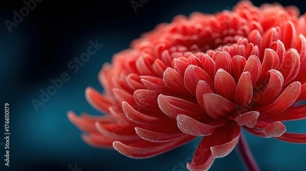 Fototapeta Fiery Red Chrysanthemum with Crystalline Edges Against a Deep Blue Void
