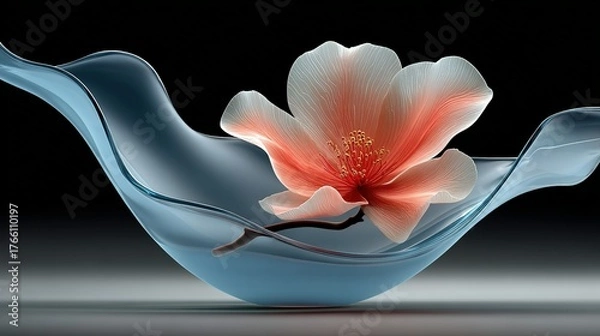 Obraz Luminous Coral Flower with Delicate Veins Resting in a Sculptural Blue Glass Wave.