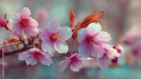 Fototapeta Ethereal Cherry Blossoms Glowing with Soft Light, Revealing Translucent Pink Petals and Vibrant Stamens.