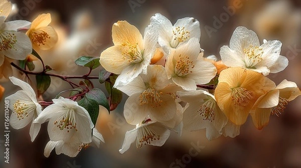 Fototapeta Delicate Jasmine Blossoms: Soft Light on Creamy Petals and Golden Hues