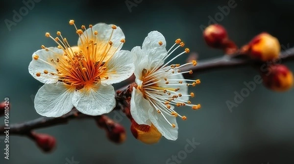 Obraz Delicate White Plum Blossoms with Vibrant Orange Stamens and Red Buds on Dark Branch