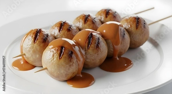 Fototapeta Engaging and detailed, describing the cooking method, the food item, and the sauce. "Appetizing Grilled Bakso Meatball Skewers with Drizzled Peanut Sauce" clearly sets the scene