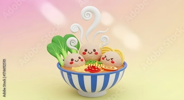 Fototapeta Specific and emphasizes the visual appeal. "Cute 3D Illustration of Bakso Meatballs and Noodles in a Striped Bowl" covers the style (3D Illustration), aesthetic (Cute), content (Bakso Meatballs and N