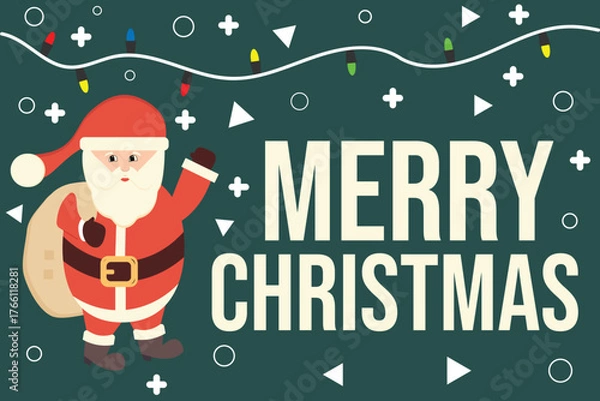 Fototapeta Flat vector illustration of Santa Claus waving hand with "Merry Christmas" text on festive background decorated with colorful lights and geometric shapes.Perfect for greeting cards