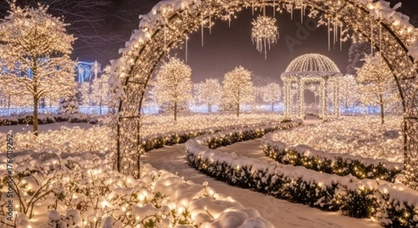 Fototapeta Enchanting winter wonderland illuminated by thousands of twinkling Christmas lights and fresh snow, creating a magical festive garden path at night.