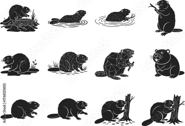 Fototapeta Black silhouette illustrations of beavers in varied poses – swimming, gnawing, sitting, walking, holding branches – stylized wildlife behavior and design elements