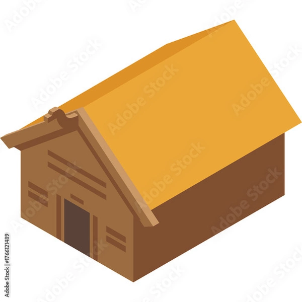 Fototapeta Simple Wooden House With Orange Roof Isolated On Transparent Background Isometric View