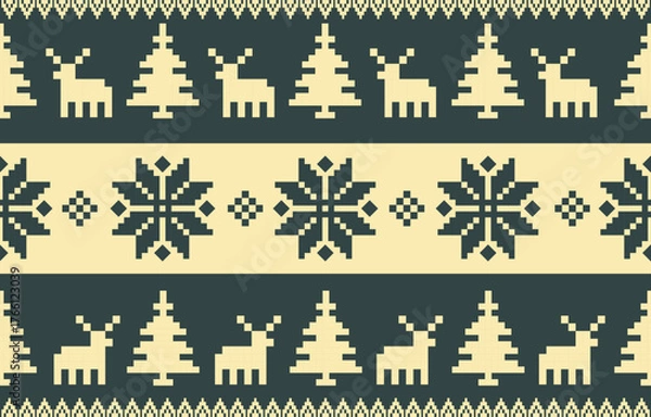 Fototapeta Christmas and New Year green and white seamless pattern, fairytale pixel pattern in white and green with Nordic snowflakes for winter hats, ugly sweaters, jumpers. wallpaper, paper or other design	