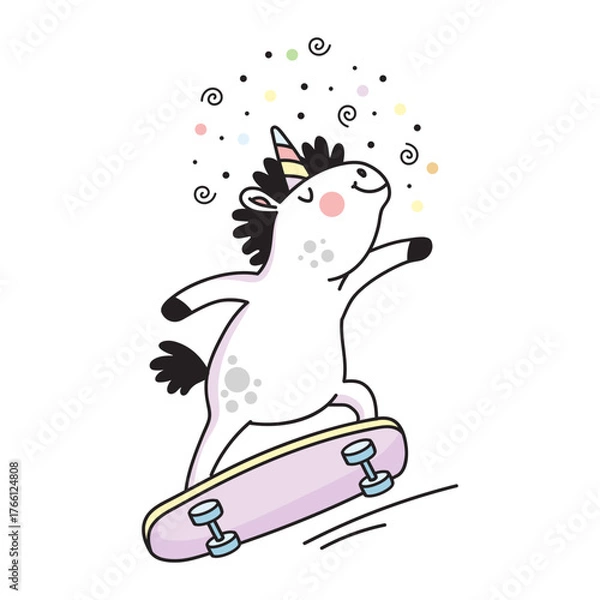 Obraz Cute unicorn on a skateboard vector doodle illustration