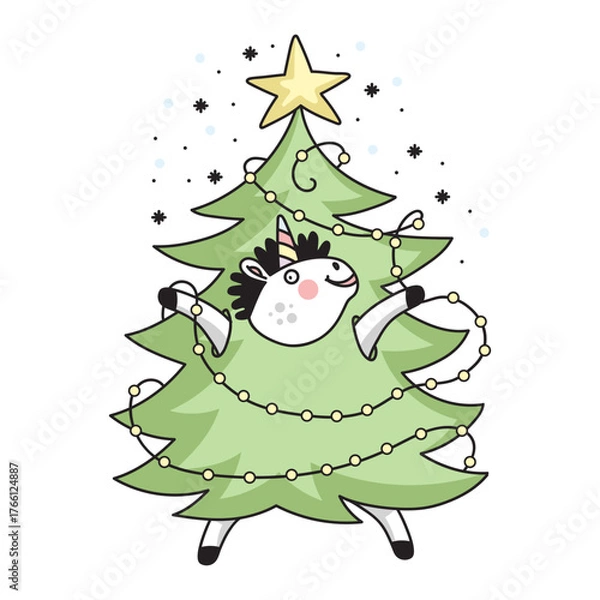 Obraz Cute unicorn in a Christmas tree costume vector illustration
