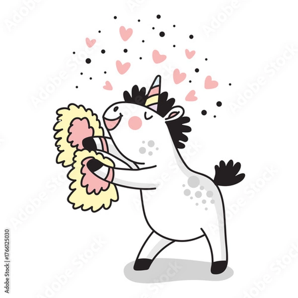Obraz Cute unicorn cheerleader coloring vector doodle illustration