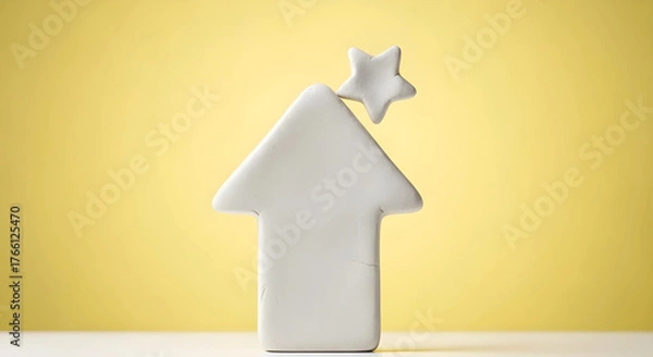 Obraz 成長と成功を示す紙粘土の上向き矢印と星アイコン - パステルイエローの背景