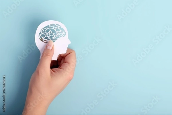 Fototapeta Hand holding a paper cutout human head silhouette with a brain, representing mental health, psychology, and thoughts