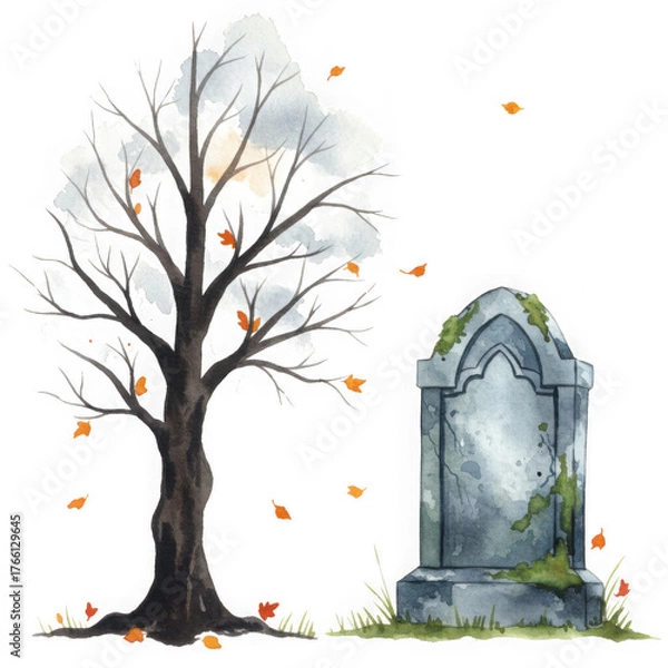 Obraz Spooky halloween tree and gravestone isolated on transparent background