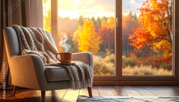 Obraz Autumn Relaxation Cozy Armchair Blanket Hot Drink Fall Foliage Window View