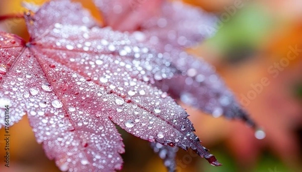 Fototapeta Red Maple Leaf with Water Droplets Macro Photography
