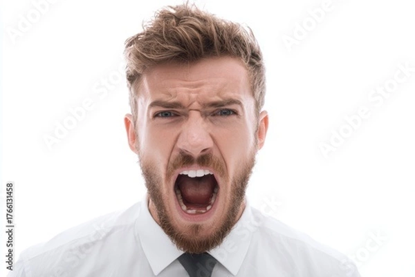 Fototapeta Portrait of angry bearded man screaming with wide open mouth isolated on white background