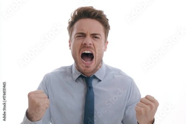 Fototapeta Frustrated young businessman shouting with clenched fists isolated on white background
