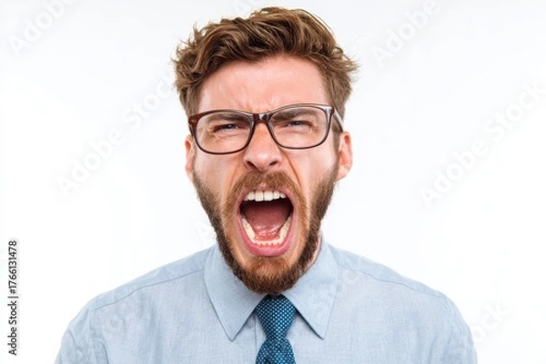 Fototapeta Close-up of angry man in glasses shouting loudly isolated on white background
