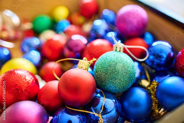 Fototapeta Wide variety of colorful Christmas balls with a string to hang and decorate the tree