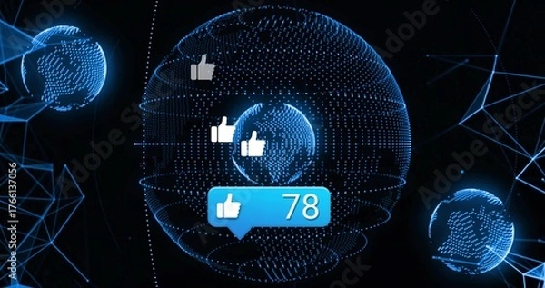 Fototapeta Central blue globe emitting mesh in network, with thumbs-up icons and blue notification bubble 78