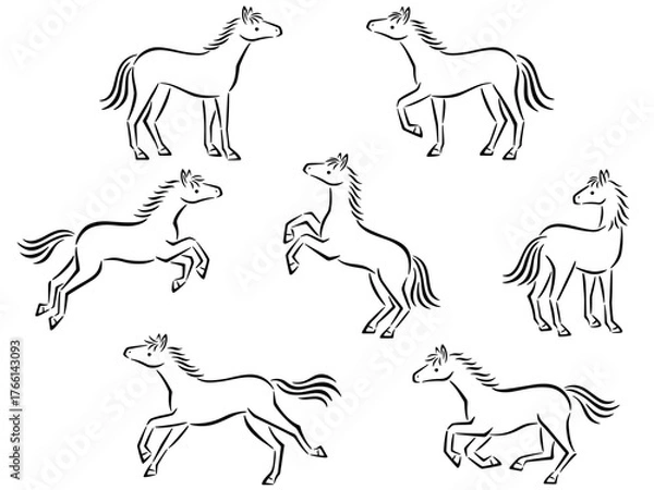 Fototapeta 筆書き調の馬の線画イラストセット