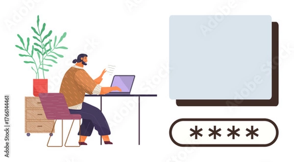 Fototapeta Man seated at desk using laptop, entering password next to display of password entry concept. Ideal for security, technology, data protection, privacy, authentication, user experience, modern