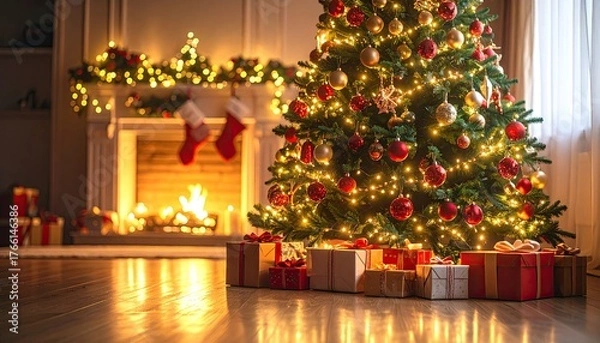 Fototapeta Warm Christmas Living Room Scene With Decorated Tree Fireplace And Presents In Soft Golden Light