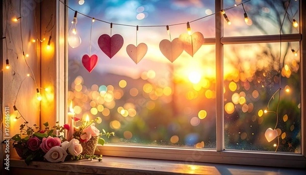 Fototapeta Warm Window Scene With Valentines Day Heart Garland String Lights and Rose Bouquet During Golden Hour Sunset