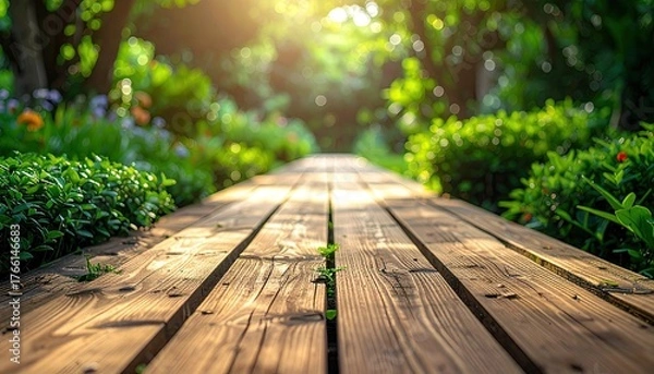 Fototapeta Wooden Boardwalk Through A Lush Green Garden Path Bathed In Golden Sunlight With Vibrant Flowers And Lush Greenery And Sun Flares In The Background Creating A Serene And Inviting Atmosphere