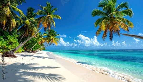 Fototapeta Vibrant Tropical Beach Paradise With Lush Green Palm Trees Swaying Over White Sand and Crystal Clear Turquoise Ocean Water Under A Bright Blue Sky With Fluffy Clouds
