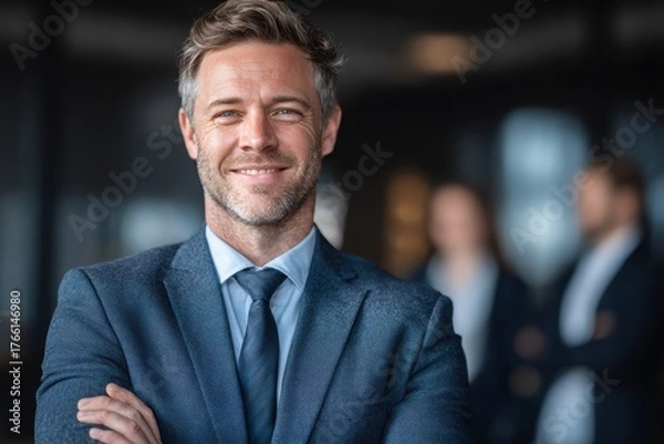 Fototapeta Confident businessman smiling in office with blurred team in background