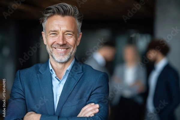 Fototapeta Smiling businessman in formal suit standing in office with team in background
