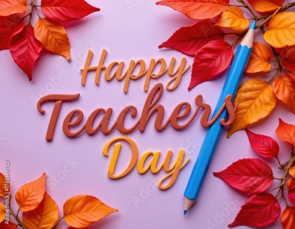 Fototapeta Happy Teachers Day text with colorful autumn leaves and blue pencil on purple background, festive education concept with warm seasonal colors and cheerful mood