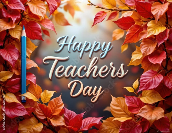 Fototapeta Happy Teachers Day greeting with colorful autumn leaves and blue pencil, creating warm and festive atmosphere to celebrate educators dedication and inspiration