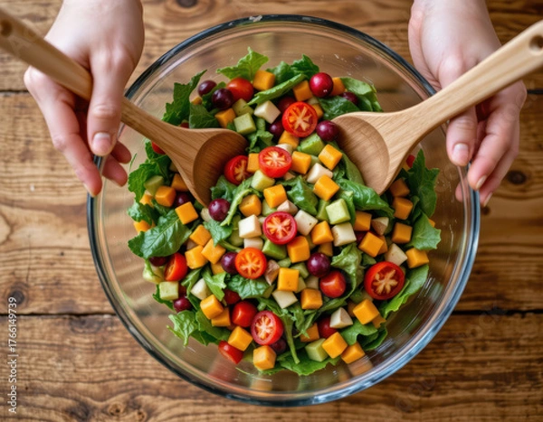 Fototapeta Fresh vegetable salad with cherry tomato, lettuce, cucumber, cheese cubes, and grape served in glass bowl with wooden salad spoons on rustic wooden table, healthy meal preparation