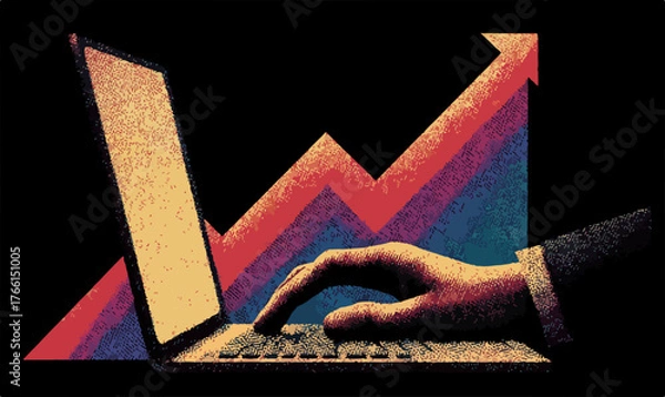 Fototapeta Una mano digita su un laptop, mentre un grafico ascendente simboleggia crescita, successo e progresso nel panorama digitale e finanziario.