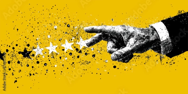 Fototapeta Una mano decisa indica e valuta una serie di stelle, rappresentando concetti di qualità, feedback e successo in un contesto grafico moderno e astratto.