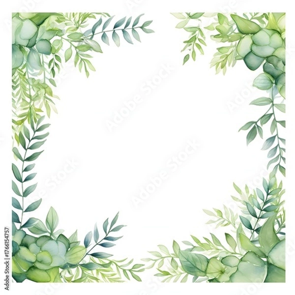 Fototapeta Watercolor greenery border: lush leaves and succulents frame