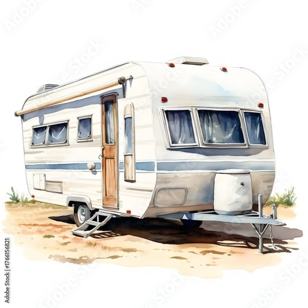 Obraz Vintage caravan parked on sandy ground, bathed in sunlight