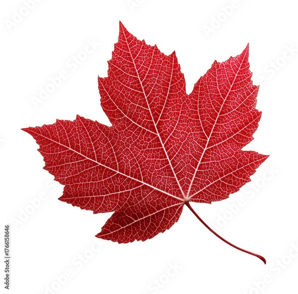Fototapeta A close-up of a vibrant red maple leaf showcasing detailed veins and rich autumn color, representing natural beauty.