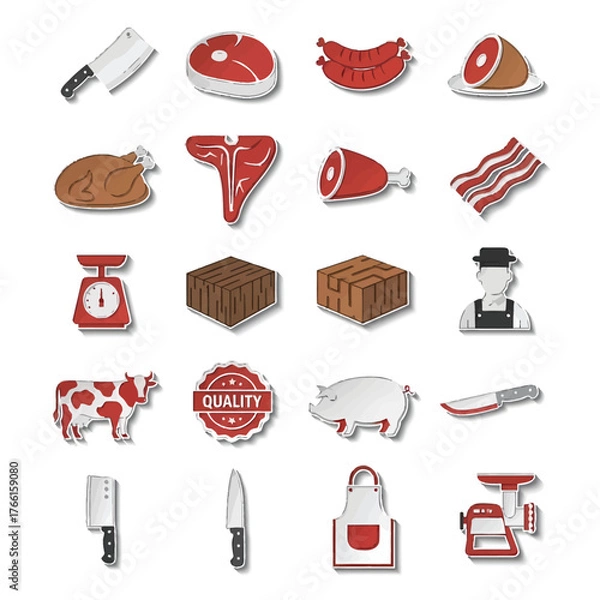 Fototapeta Collection of butcher shop elements showcases various cuts of meat and tools on white surface, representing food industry and culinary arts.