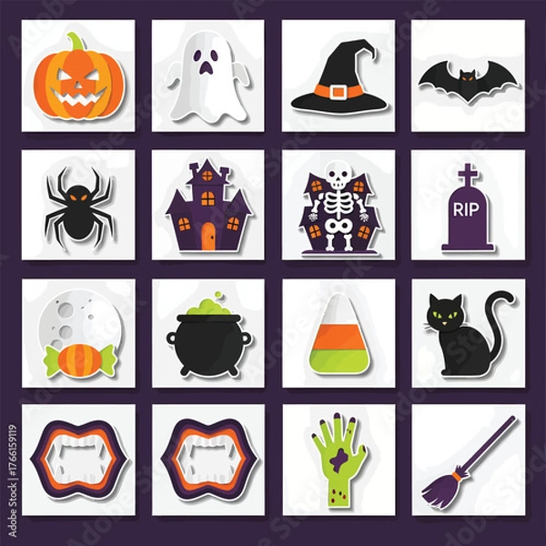 Fototapeta Halloween themed stickers featuring classic spooky elements arranged on a square grid against a dark purple backdrop, creating a festive and playful atmosphere.
