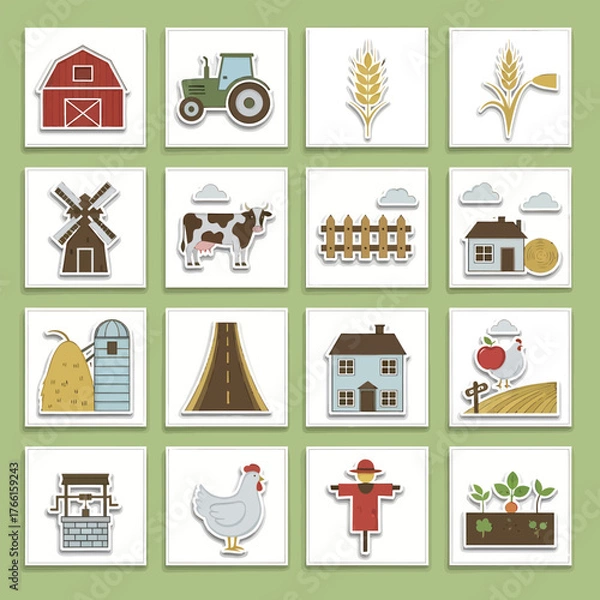 Fototapeta Farm themed stickers depicting barn, tractor, wheat, windmill, cow, fence, house, silo, road, chicken, scarecrow and garden representing rural life and agriculture.