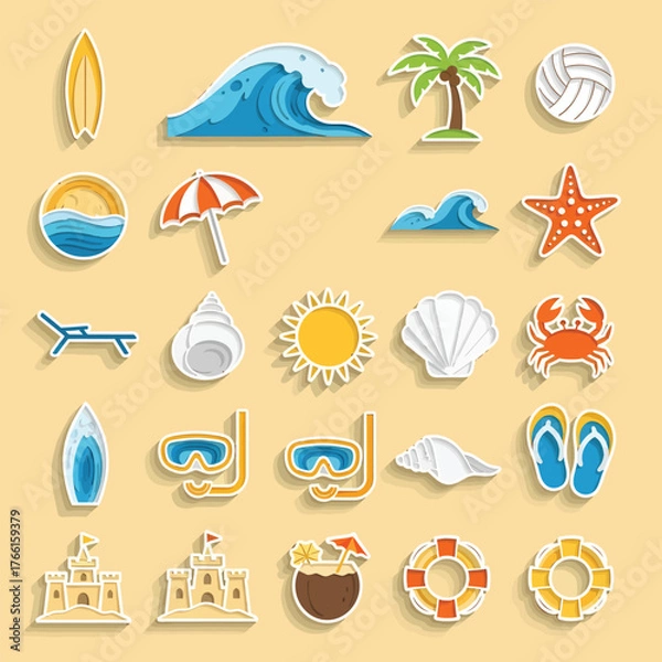 Obraz Various summer beach items are arranged neatly on a sandy surface, evoking a sense of relaxation and vacation fun.