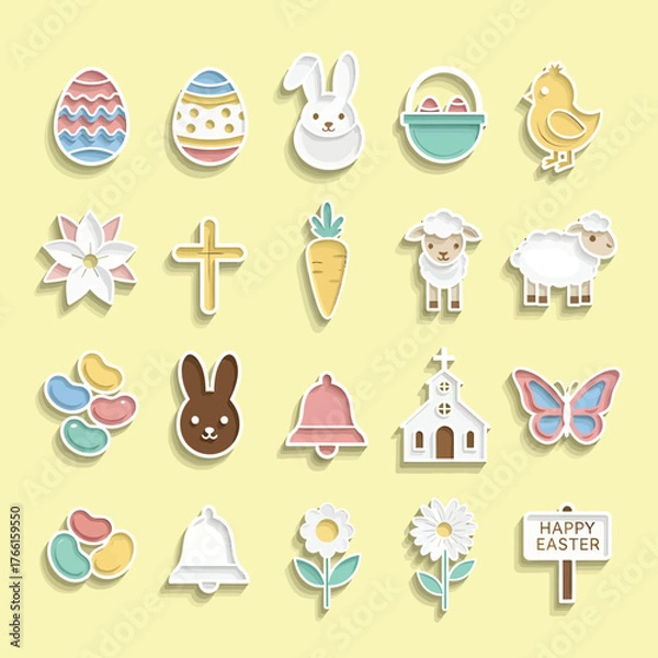 Obraz Easter themed objects arranged on yellow surface representing springtime celebration with religious and secular symbols.