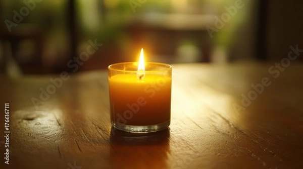 Obraz A Lit Candle on a Wooden Table: A Moment of Tranquility