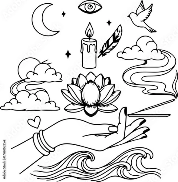 Fototapeta Mystical line art collection for spiritual designs, perfect for meditation retreats and wellness brands seeking elegant, calming, and enchanting visuals