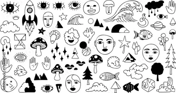 Fototapeta Whimsical doodle art collection with eyes, mushrooms, faces, fish, and space elements for creative projects and trendy designs, great for artistic ventures